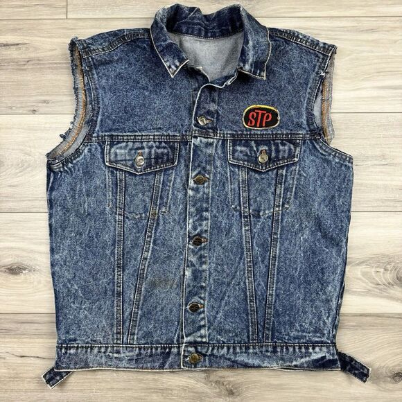 Roots Other - Vintage 80s Roots Denim Cutoff Vest STP Racing Patch Fits Men's Medium Biker‎